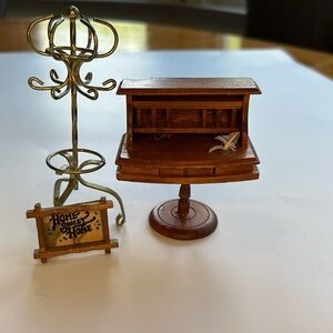 Dollhouse Miniature furniture wooden Desk, Coat Rack and framed picture 1970’s